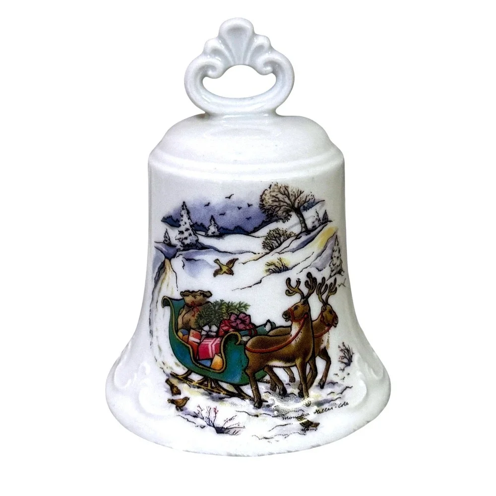 Vintage Ceramic Christmas Bell Sleigh Reindeer‎ Scene Cottage Holiday Decor Gift